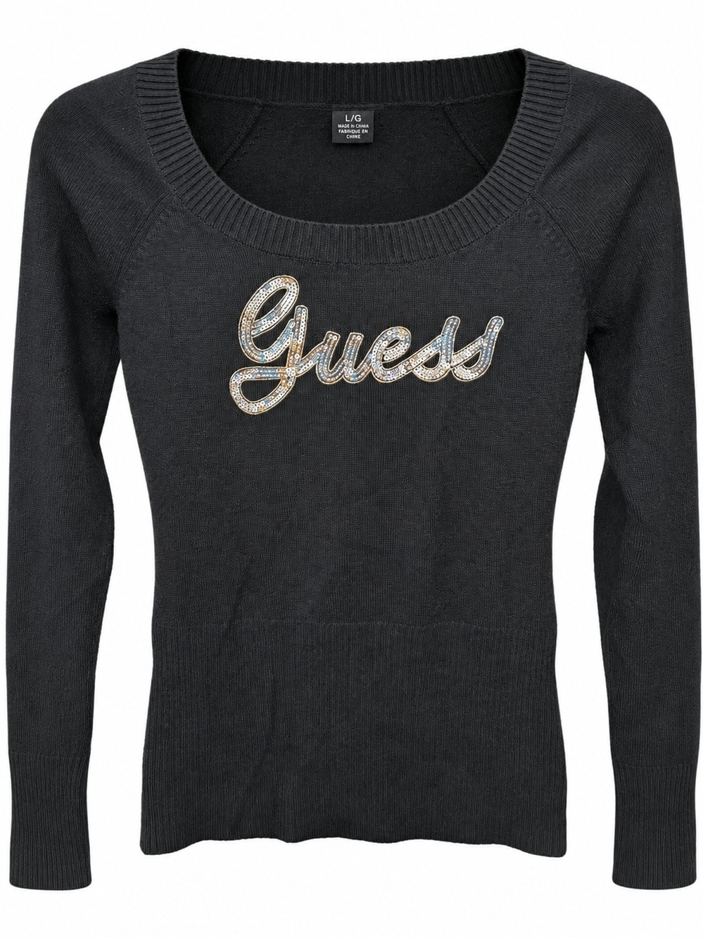 Guess Black Crewneck Sweater with Rhinestone Logo